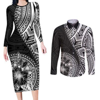 Hibiscus With Black Austronesian Tattoo Pattern Couples Matching Long Sleeve Bodycon Dress and Long Sleeve Button Shirt - Polynesian Pride