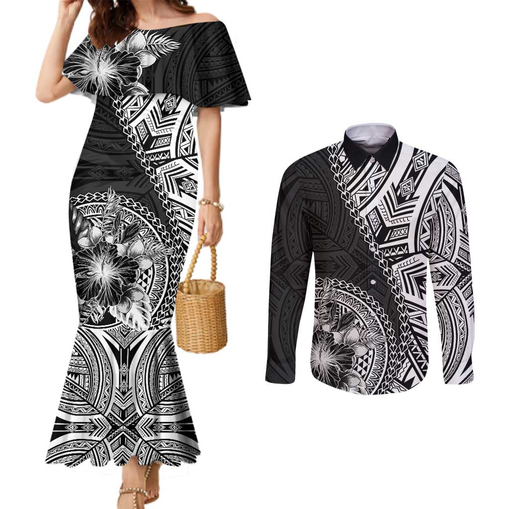 Hibiscus With Black Austronesian Tattoo Pattern Couples Matching Mermaid Dress and Long Sleeve Button Shirt LT05 Black - Polynesian Pride