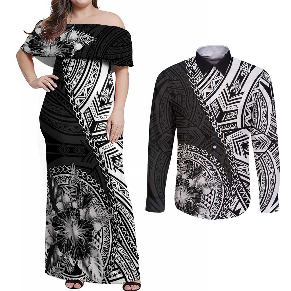 Hibiscus With Black Austronesian Tattoo Pattern Couples Matching Off Shoulder Maxi Dress and Long Sleeve Button Shirt LT05 Black - Polynesian Pride