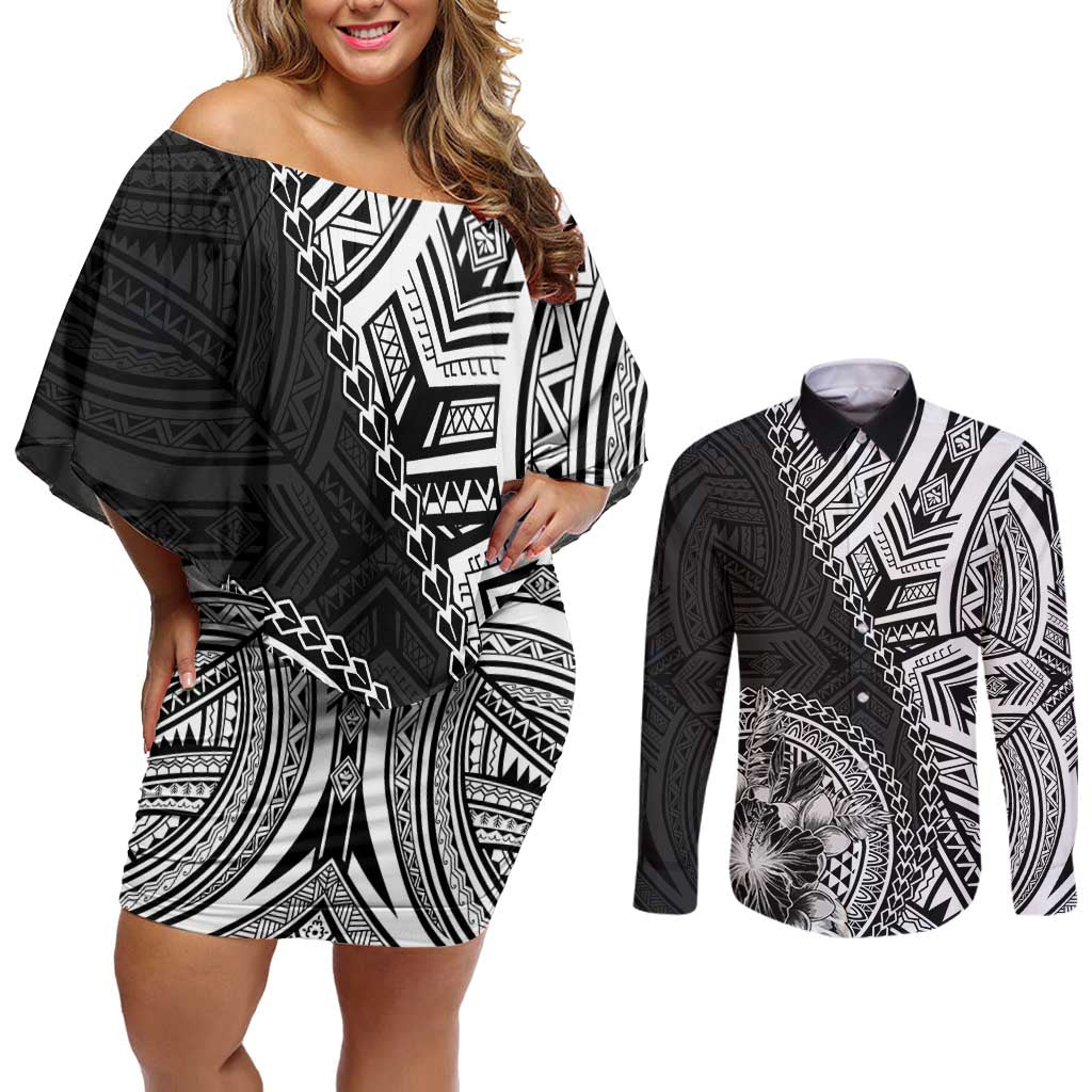Hibiscus With Black Austronesian Tattoo Pattern Couples Matching Off Shoulder Short Dress and Long Sleeve Button Shirt LT05 Black - Polynesian Pride