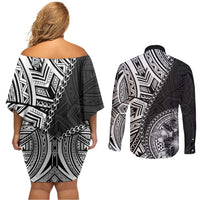 Hibiscus With Black Austronesian Tattoo Pattern Couples Matching Off Shoulder Short Dress and Long Sleeve Button Shirt - Polynesian Pride