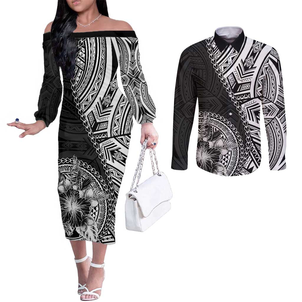 Hibiscus With Black Austronesian Tattoo Pattern Couples Matching Off The Shoulder Long Sleeve Dress and Long Sleeve Button Shirt LT05 Black - Polynesian Pride