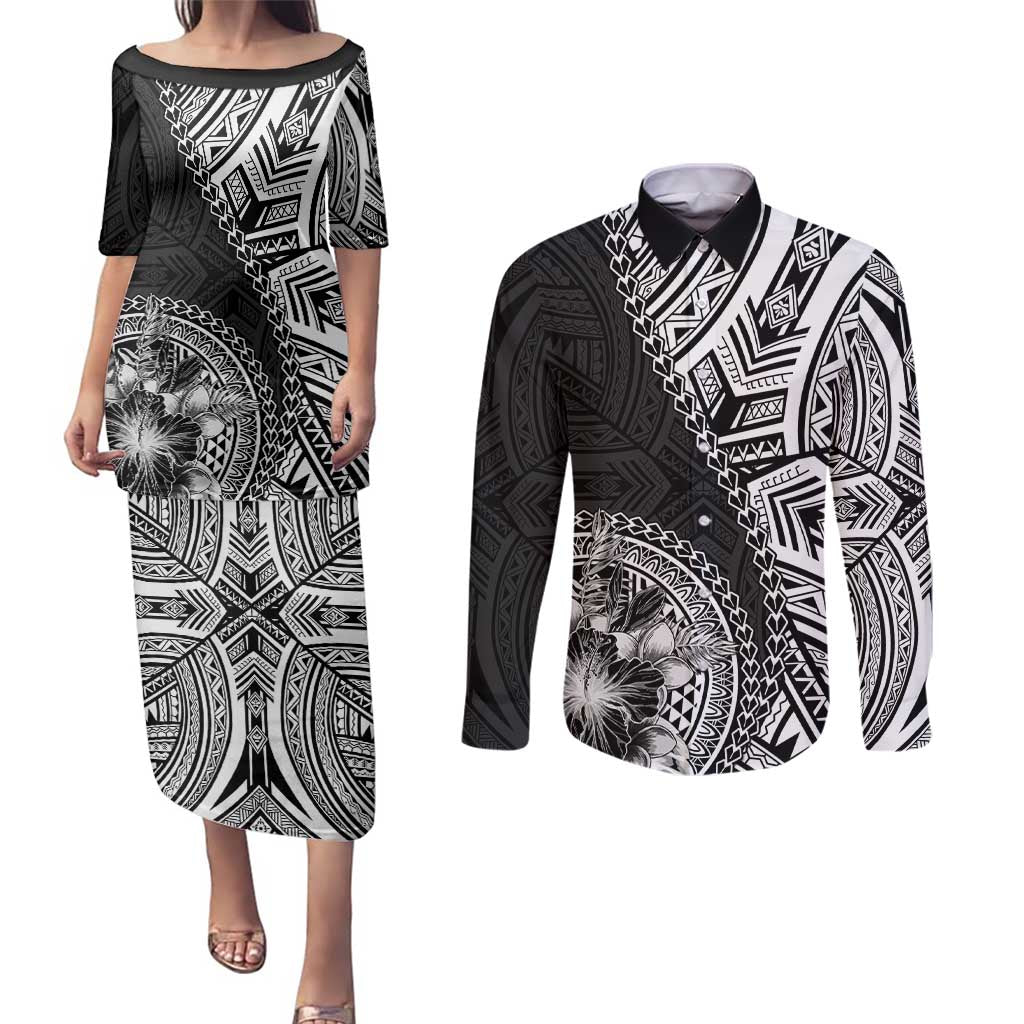 Hibiscus With Black Austronesian Tattoo Pattern Couples Matching Puletasi and Long Sleeve Button Shirt LT05 Black - Polynesian Pride