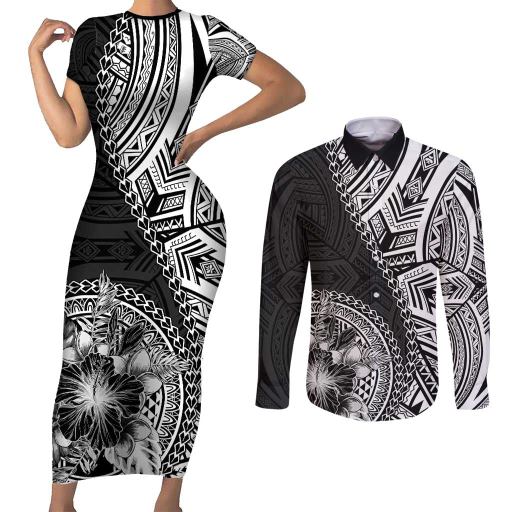 Hibiscus With Black Austronesian Tattoo Pattern Couples Matching Short Sleeve Bodycon Dress and Long Sleeve Button Shirt LT05 Black - Polynesian Pride