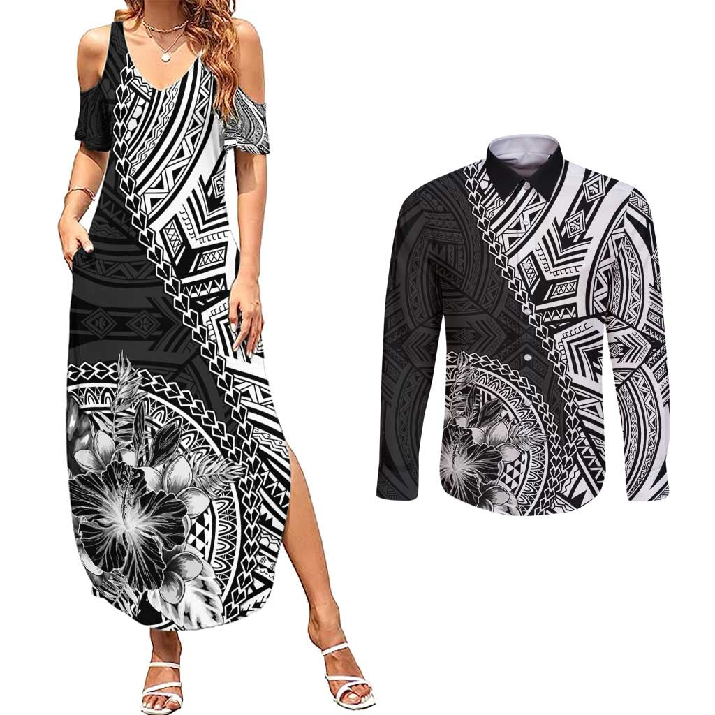Hibiscus With Black Austronesian Tattoo Pattern Couples Matching Summer Maxi Dress and Long Sleeve Button Shirt LT05 Black - Polynesian Pride