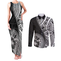 Hibiscus With Black Austronesian Tattoo Pattern Couples Matching Tank Maxi Dress and Long Sleeve Button Shirt - Polynesian Pride