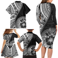 Hibiscus With Black Austronesian Tattoo Pattern Family Matching Long Sleeve Bodycon Dress and Hawaiian Shirt LT05 - Polynesian Pride