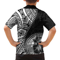 Hibiscus With Black Austronesian Tattoo Pattern Family Matching Off The Shoulder Long Sleeve Dress and Hawaiian Shirt LT05 - Polynesian Pride