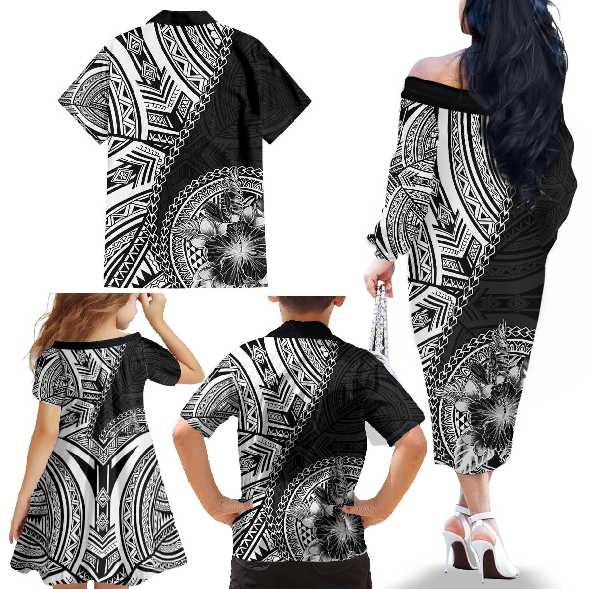 Hibiscus With Black Austronesian Tattoo Pattern Family Matching Off The Shoulder Long Sleeve Dress and Hawaiian Shirt LT05 - Polynesian Pride