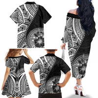 Hibiscus With Black Austronesian Tattoo Pattern Family Matching Off The Shoulder Long Sleeve Dress and Hawaiian Shirt LT05 - Polynesian Pride