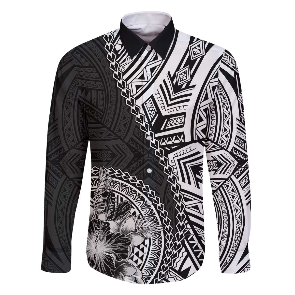 Hibiscus With Black Austronesian Tattoo Pattern Family Matching Off The Shoulder Long Sleeve Dress and Hawaiian Shirt LT05 Dad's Shirt - Long Sleeve Black - Polynesian Pride