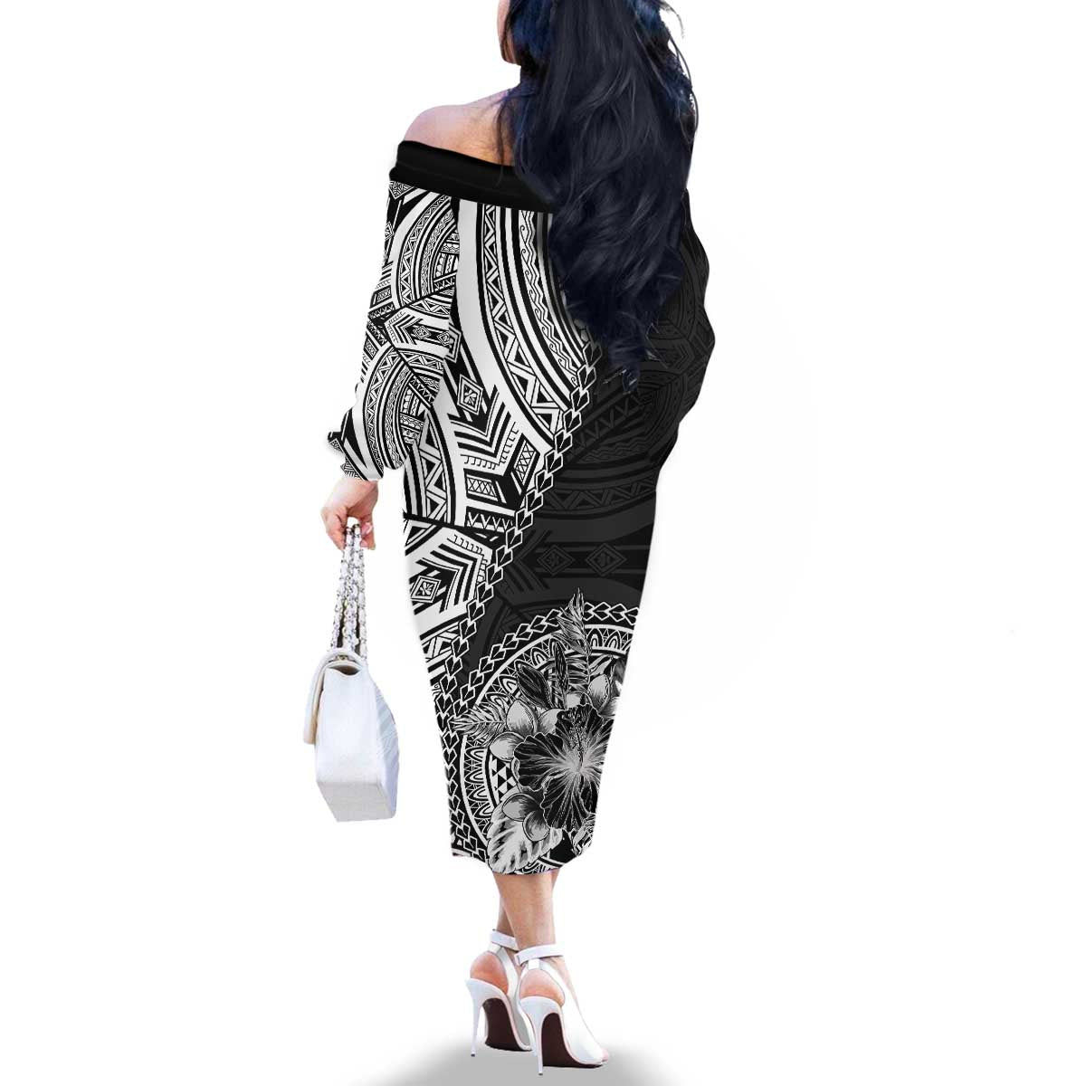 Hibiscus With Black Austronesian Tattoo Pattern Family Matching Off The Shoulder Long Sleeve Dress and Hawaiian Shirt LT05 - Polynesian Pride