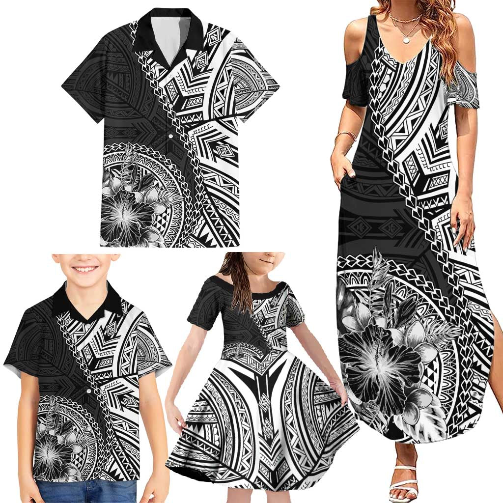 Hibiscus With Black Austronesian Tattoo Pattern Family Matching Summer Maxi Dress and Hawaiian Shirt LT05 - Polynesian Pride