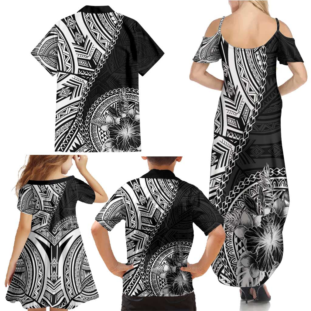 Hibiscus With Black Austronesian Tattoo Pattern Family Matching Summer Maxi Dress and Hawaiian Shirt LT05 - Polynesian Pride