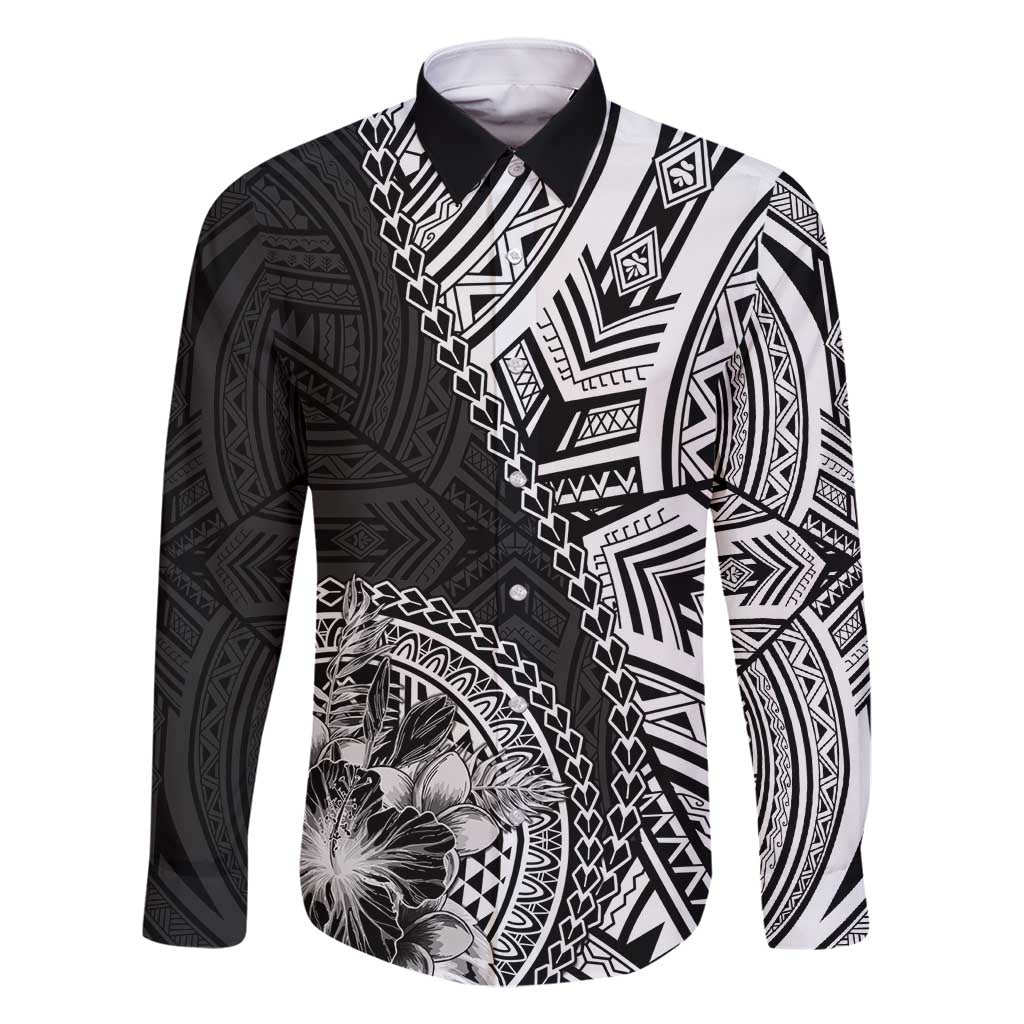 Hibiscus With Black Austronesian Tattoo Pattern Family Matching Summer Maxi Dress and Hawaiian Shirt LT05 Dad's Shirt - Long Sleeve Black - Polynesian Pride