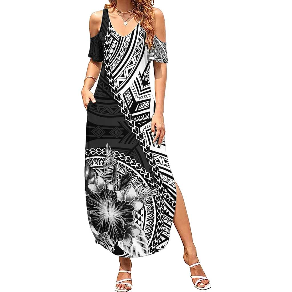 Hibiscus With Black Austronesian Tattoo Pattern Family Matching Summer Maxi Dress and Hawaiian Shirt LT05 Mom's Dress Black - Polynesian Pride