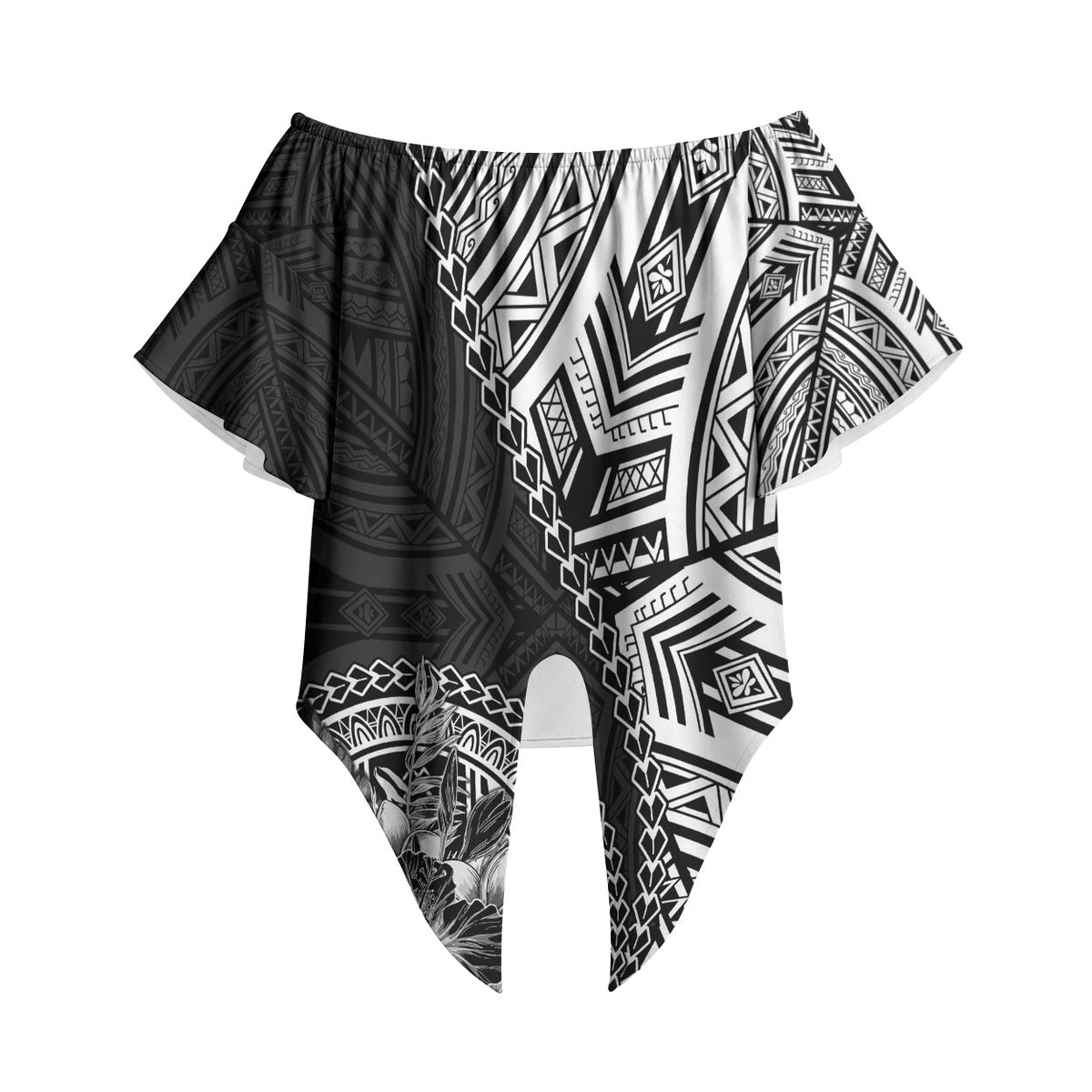 Hibiscus With Black Austronesian Tattoo Pattern Off Shoulder Wrap Waist Top LT05 Black - Polynesian Pride