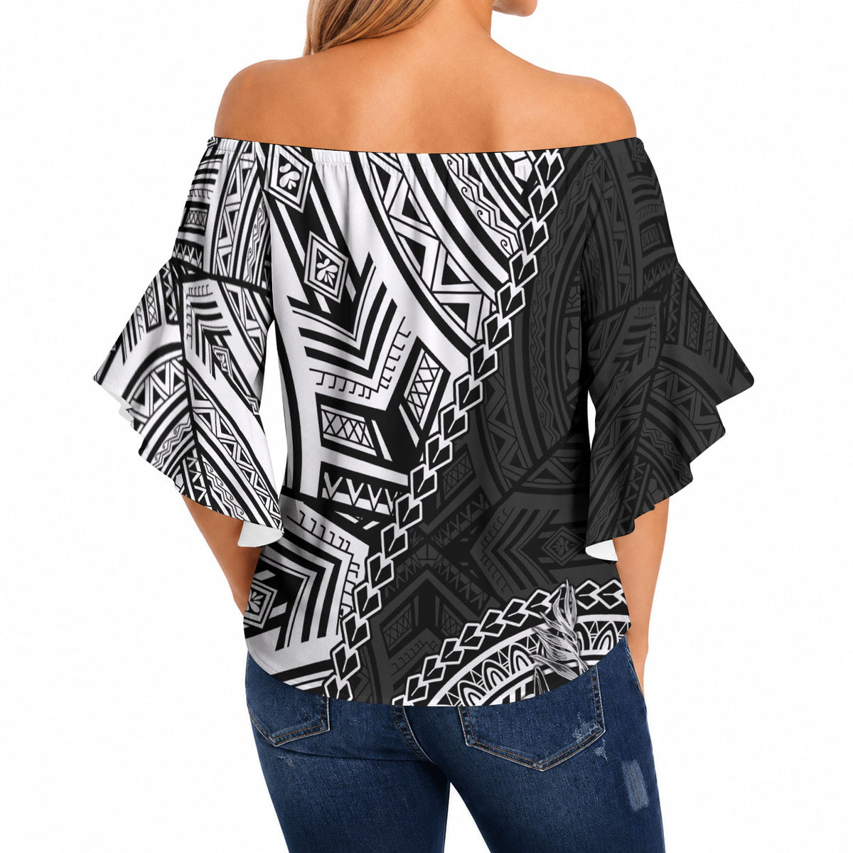 Hibiscus With Black Austronesian Tattoo Pattern Off Shoulder Wrap Waist Top LT05 - Polynesian Pride