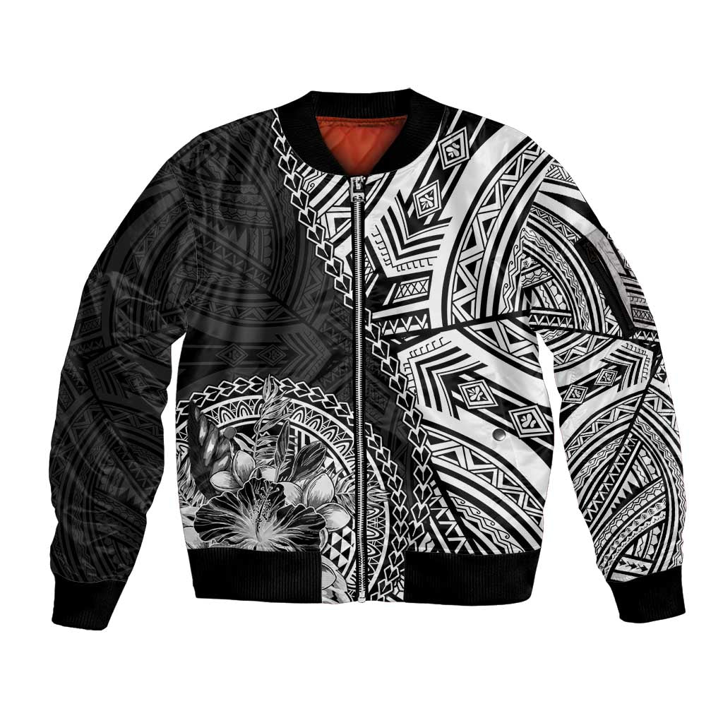 Hibiscus With Black Austronesian Tattoo Pattern Sleeve Zip Bomber Jacket LT05 Unisex Black - Polynesian Pride