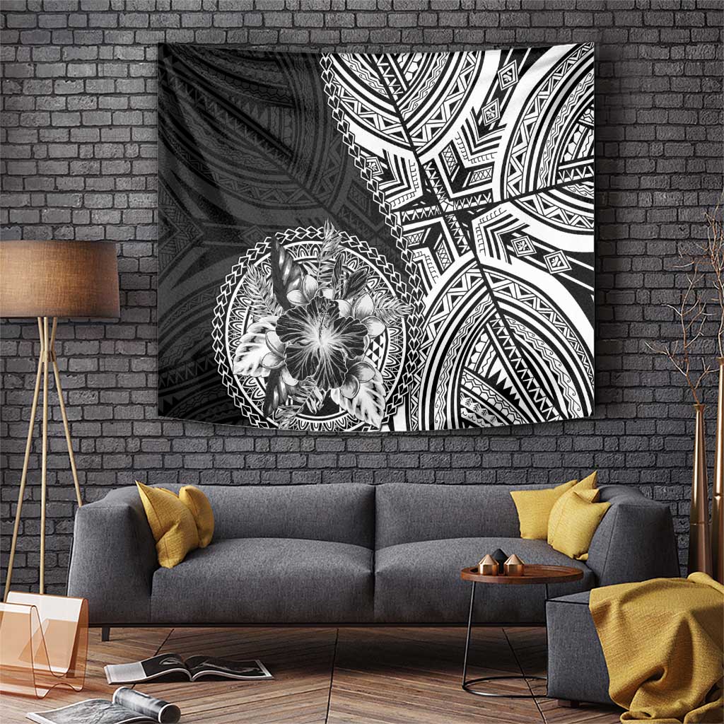 Hibiscus With Black Austronesian Tattoo Pattern Tapestry LT05 Black - Polynesian Pride