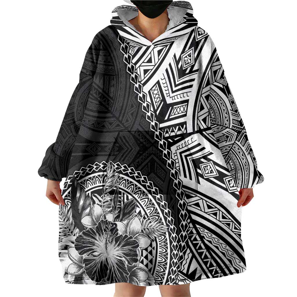 Hibiscus With Black Austronesian Tattoo Pattern Wearable Blanket Hoodie LT05 - Polynesian Pride