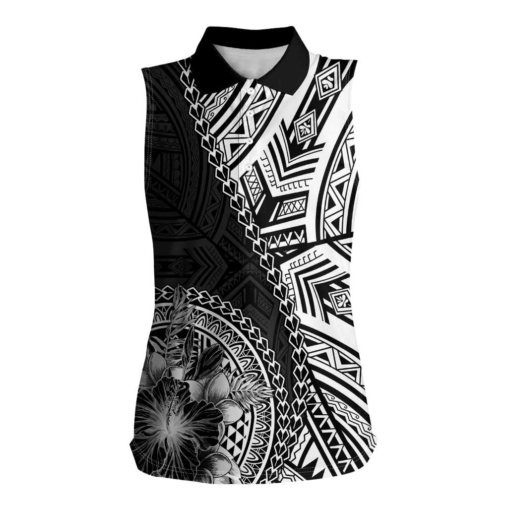 Hibiscus With Black Austronesian Tattoo Pattern Women Sleeveless Polo Shirt LT05 Female Black - Polynesian Pride