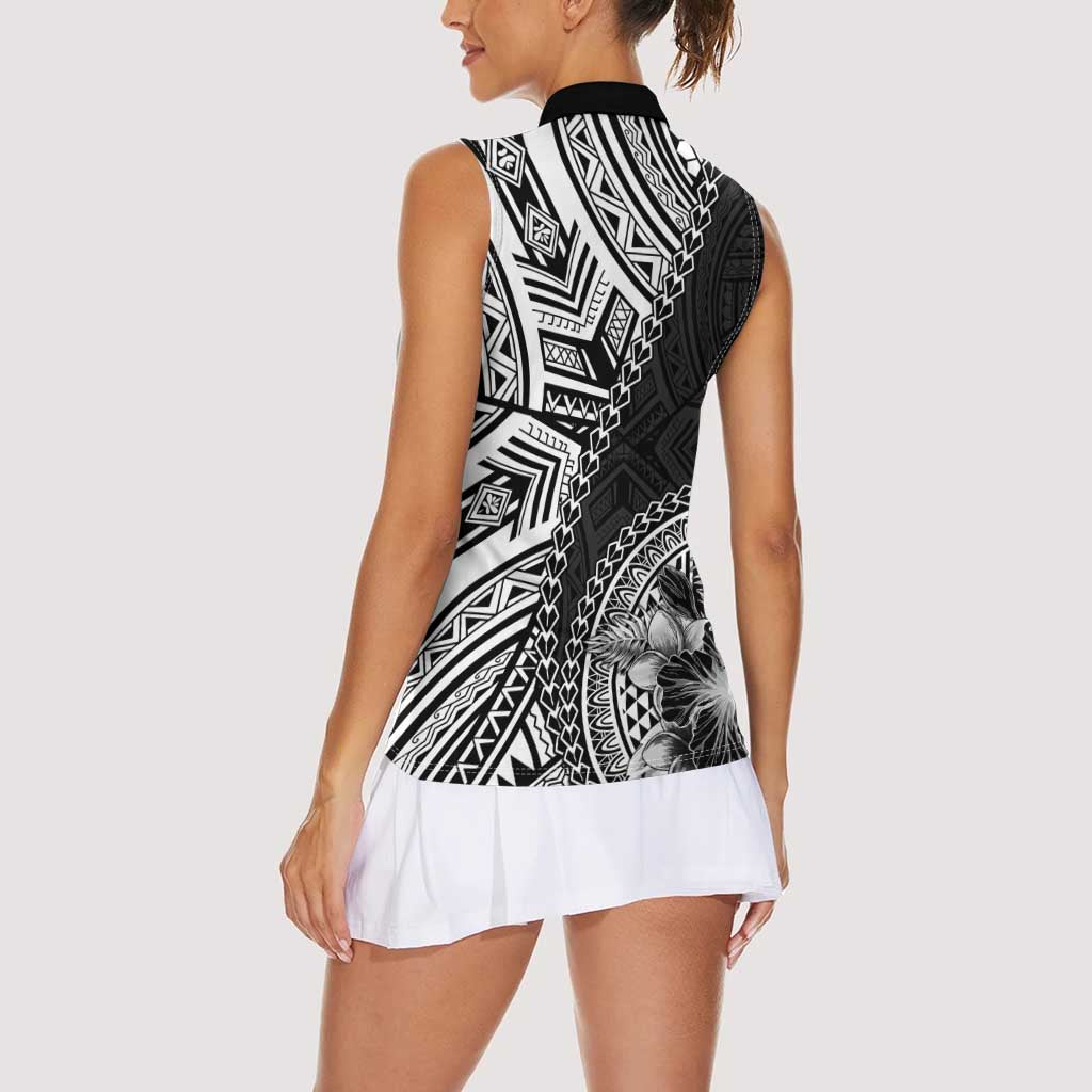 Hibiscus With Black Austronesian Tattoo Pattern Women Sleeveless Polo Shirt - Polynesian Pride