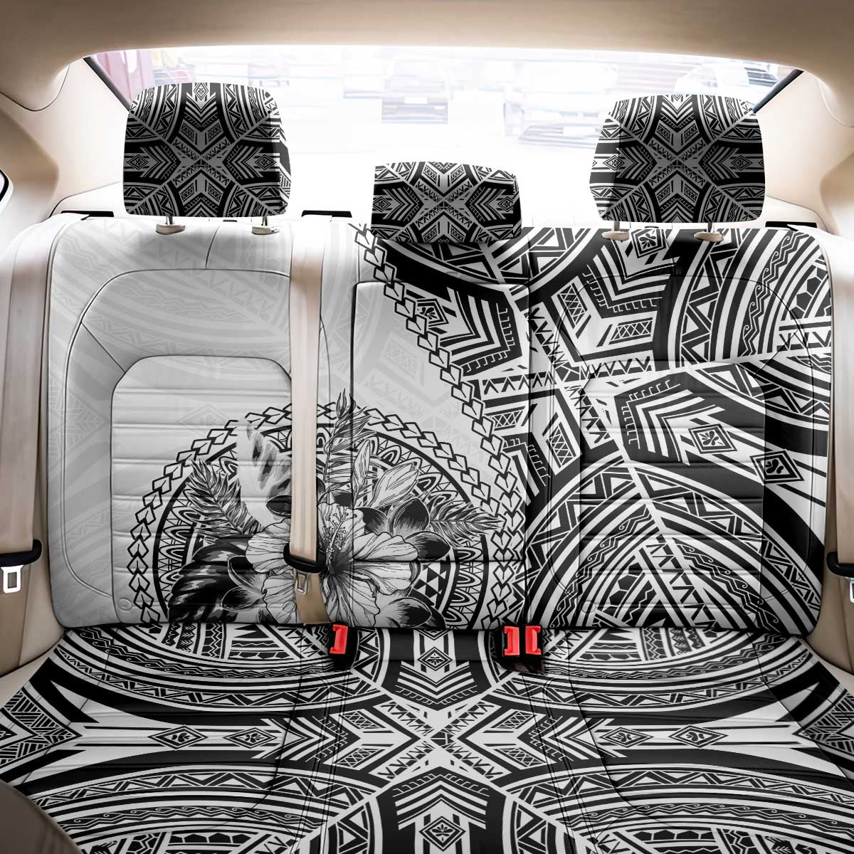 Hibiscus With White Austronesian Tattoo Pattern Back Car Seat Cover LT05 - Polynesian Pride