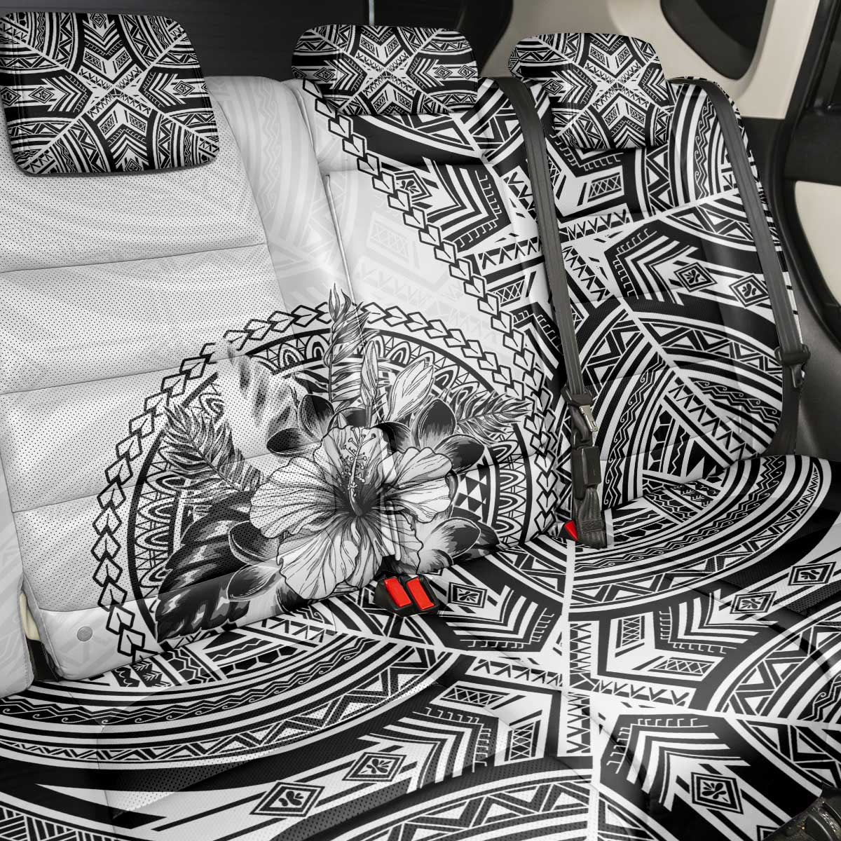 Hibiscus With White Austronesian Tattoo Pattern Back Car Seat Cover LT05 - Polynesian Pride