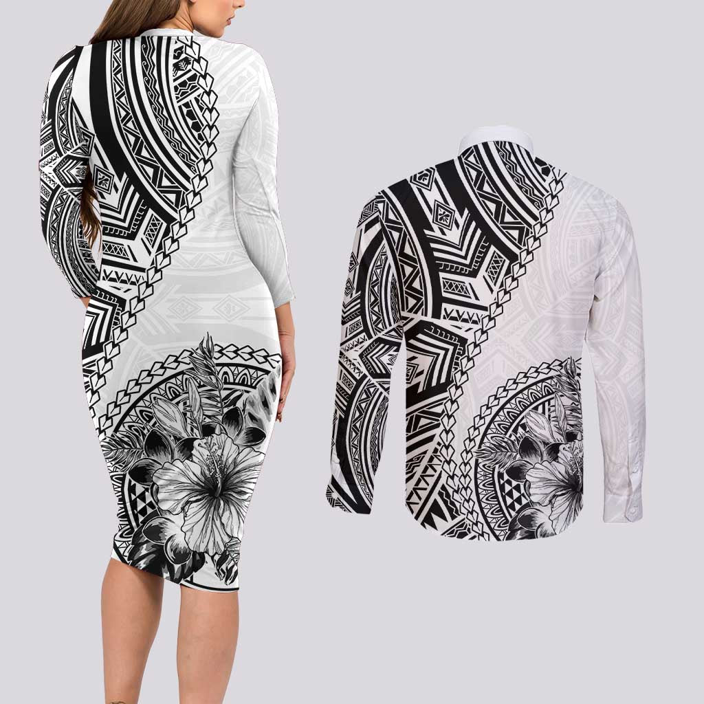 Hibiscus With White Austronesian Tattoo Pattern Couples Matching Long Sleeve Bodycon Dress and Long Sleeve Button Shirt - Polynesian Pride