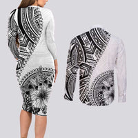 Hibiscus With White Austronesian Tattoo Pattern Couples Matching Long Sleeve Bodycon Dress and Long Sleeve Button Shirt - Polynesian Pride