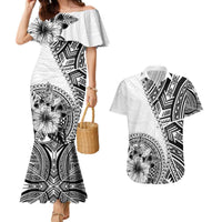 Hibiscus With White Austronesian Tattoo Pattern Couples Matching Mermaid Dress and Hawaiian Shirt LT05 White - Polynesian Pride