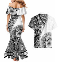 Hibiscus With White Austronesian Tattoo Pattern Couples Matching Mermaid Dress and Hawaiian Shirt LT05 - Polynesian Pride