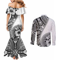 Hibiscus With White Austronesian Tattoo Pattern Couples Matching Mermaid Dress and Long Sleeve Button Shirt - Polynesian Pride