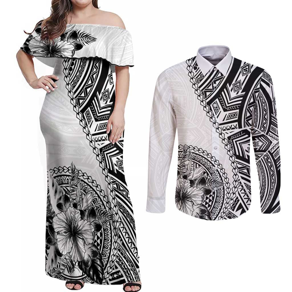 Hibiscus With White Austronesian Tattoo Pattern Couples Matching Off Shoulder Maxi Dress and Long Sleeve Button Shirt LT05 White - Polynesian Pride