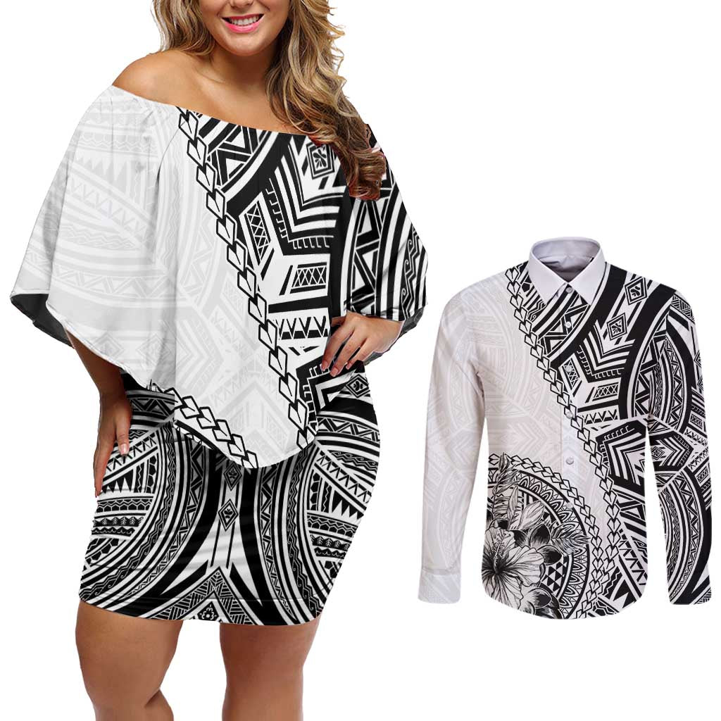 Hibiscus With White Austronesian Tattoo Pattern Couples Matching Off Shoulder Short Dress and Long Sleeve Button Shirt LT05 White - Polynesian Pride
