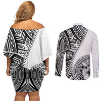 Hibiscus With White Austronesian Tattoo Pattern Couples Matching Off Shoulder Short Dress and Long Sleeve Button Shirt - Polynesian Pride