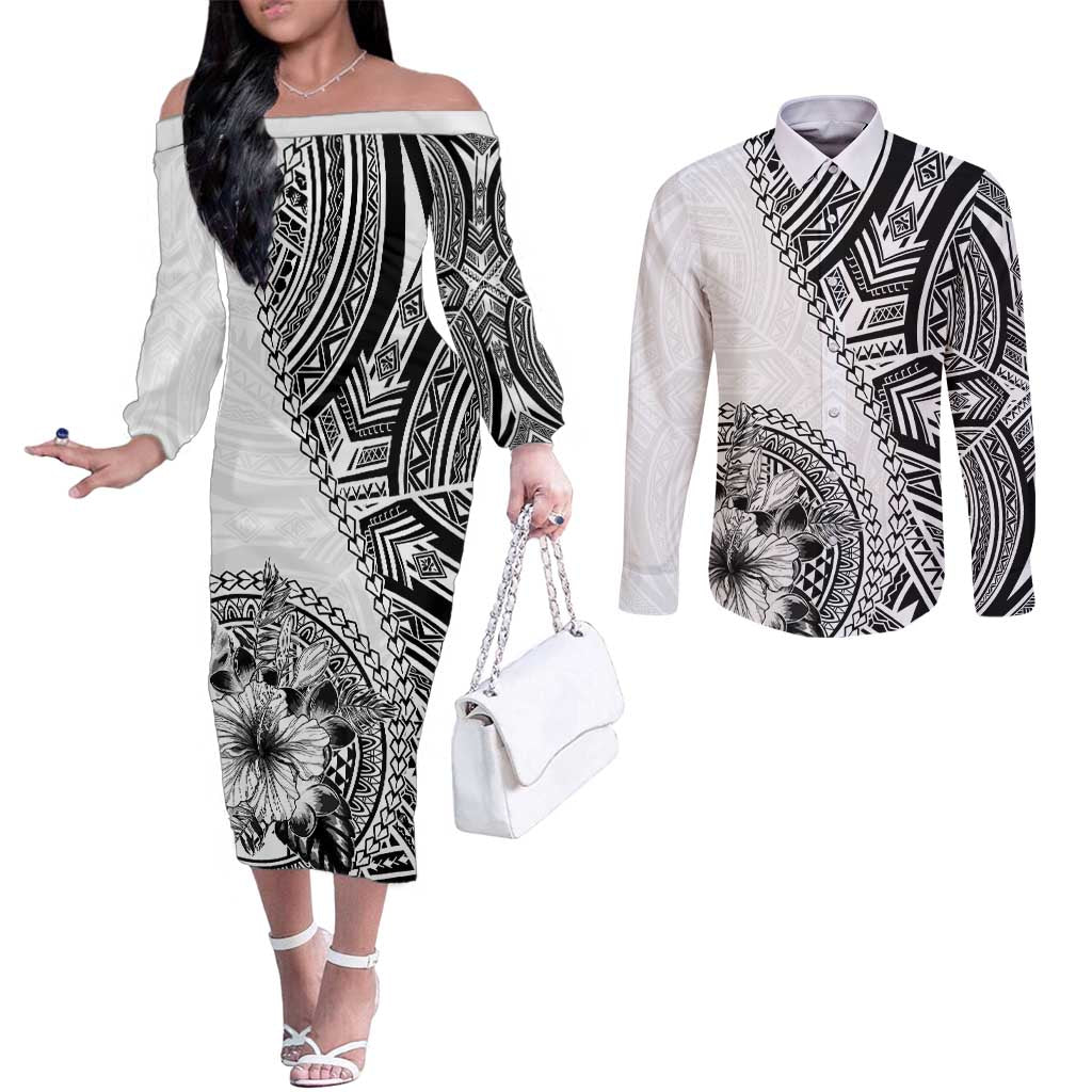 Hibiscus With White Austronesian Tattoo Pattern Couples Matching Off The Shoulder Long Sleeve Dress and Long Sleeve Button Shirt LT05 White - Polynesian Pride