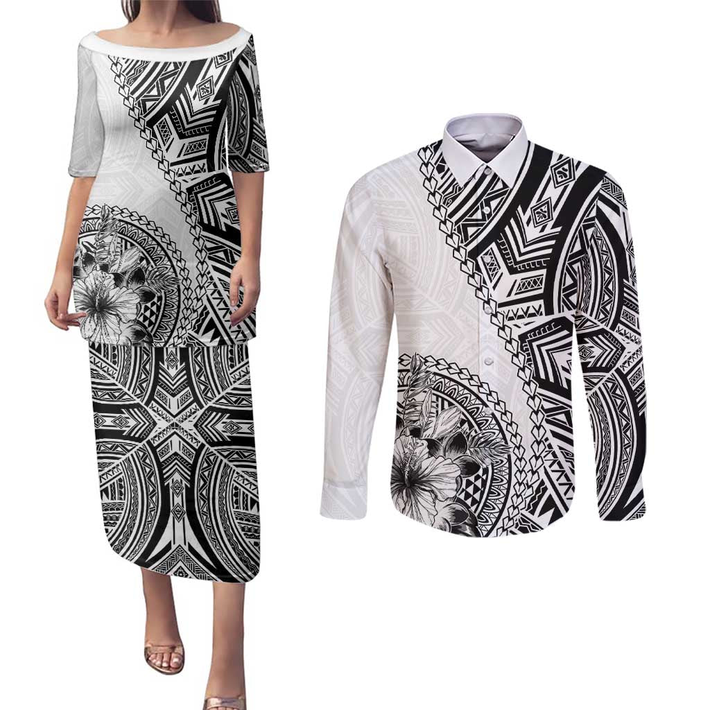 Hibiscus With White Austronesian Tattoo Pattern Couples Matching Puletasi and Long Sleeve Button Shirt - Polynesian Pride