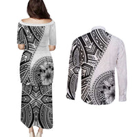 Hibiscus With White Austronesian Tattoo Pattern Couples Matching Puletasi and Long Sleeve Button Shirt - Polynesian Pride