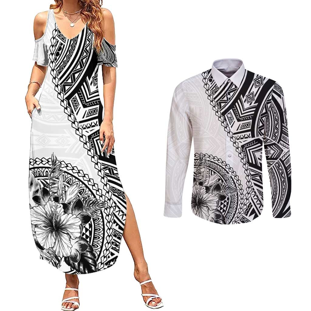 Hibiscus With White Austronesian Tattoo Pattern Couples Matching Summer Maxi Dress and Long Sleeve Button Shirt LT05 White - Polynesian Pride