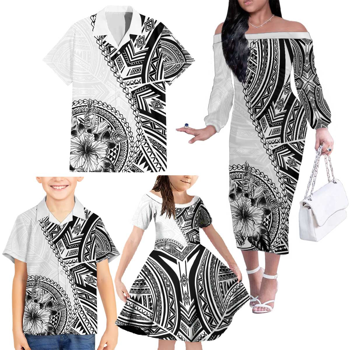 Hibiscus With White Austronesian Tattoo Pattern Family Matching Off The Shoulder Long Sleeve Dress and Hawaiian Shirt LT05 - Polynesian Pride