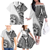 Hibiscus With White Austronesian Tattoo Pattern Family Matching Off The Shoulder Long Sleeve Dress and Hawaiian Shirt LT05 - Polynesian Pride