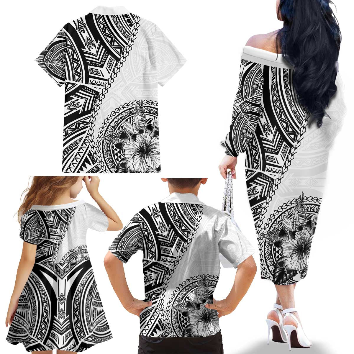 Hibiscus With White Austronesian Tattoo Pattern Family Matching Off The Shoulder Long Sleeve Dress and Hawaiian Shirt LT05 - Polynesian Pride
