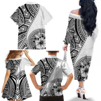 Hibiscus With White Austronesian Tattoo Pattern Family Matching Off The Shoulder Long Sleeve Dress and Hawaiian Shirt LT05 - Polynesian Pride