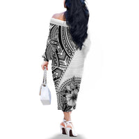 Hibiscus With White Austronesian Tattoo Pattern Family Matching Off The Shoulder Long Sleeve Dress and Hawaiian Shirt LT05 - Polynesian Pride