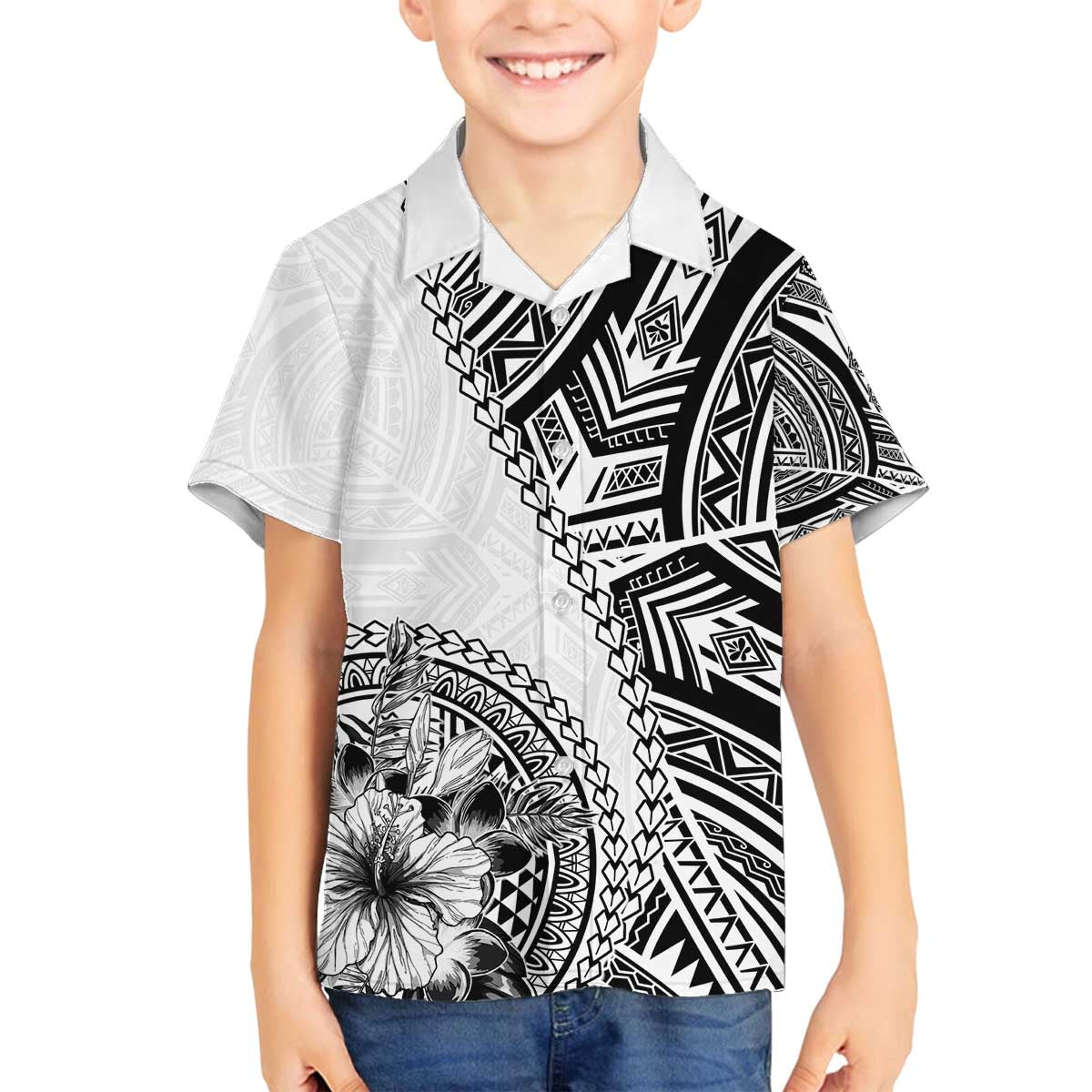 Hibiscus With White Austronesian Tattoo Pattern Family Matching Off The Shoulder Long Sleeve Dress and Hawaiian Shirt LT05 Son's Shirt White - Polynesian Pride
