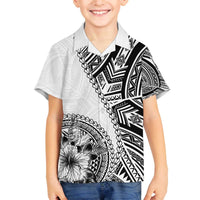 Hibiscus With White Austronesian Tattoo Pattern Family Matching Off The Shoulder Long Sleeve Dress and Hawaiian Shirt LT05 Son's Shirt White - Polynesian Pride