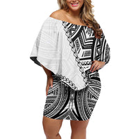 Hibiscus With White Austronesian Tattoo Pattern Family Matching Off Shoulder Short Dress and Hawaiian Shirt - Polynesian Pride