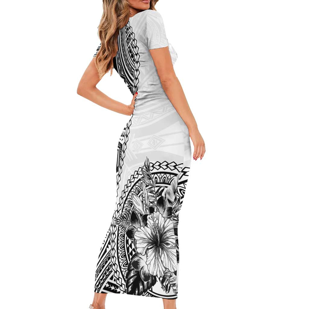 Hibiscus With White Austronesian Tattoo Pattern Family Matching Short Sleeve Bodycon Dress and Hawaiian Shirt - Polynesian Pride
